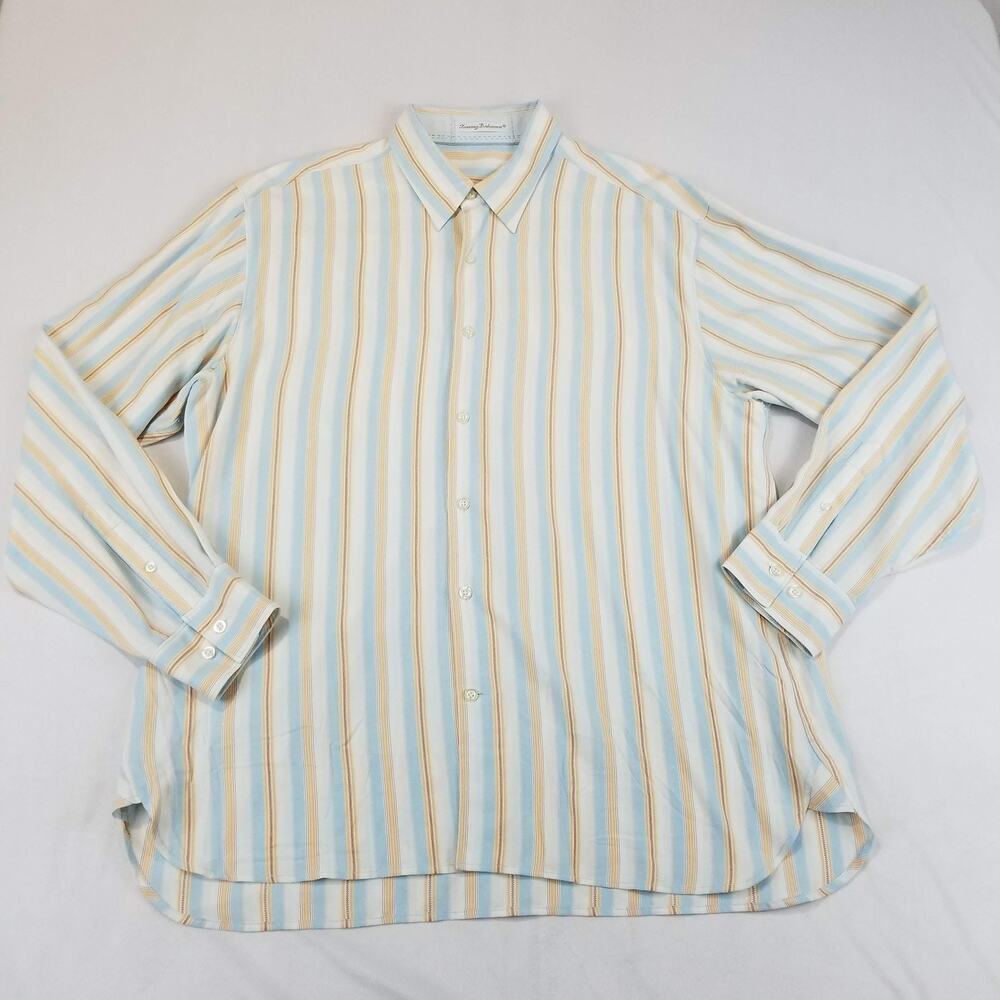 Tommy Bahama Shirt Mens XL Blue Striped 100% Tencel Lyocell Button Up Casual